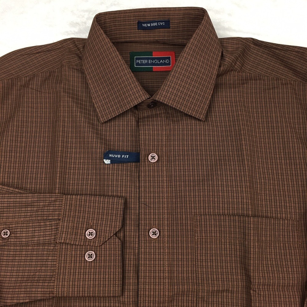 Peter England Dress Shirt Mens Medium (40 cm) Brown w/Black Checks Nuvo Fit NEW!